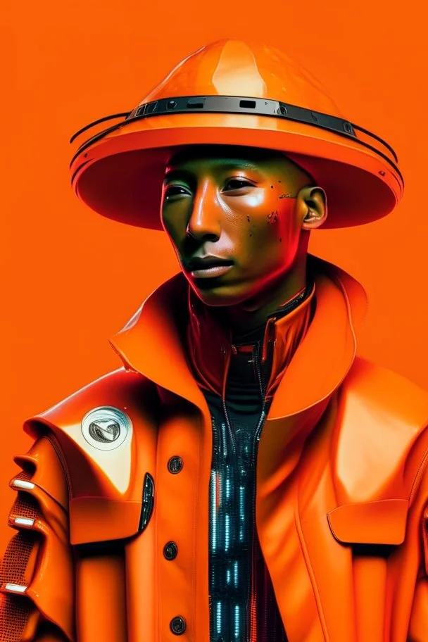 Pharrell Williams dressing in orange, cyberpunk, ultra realistic