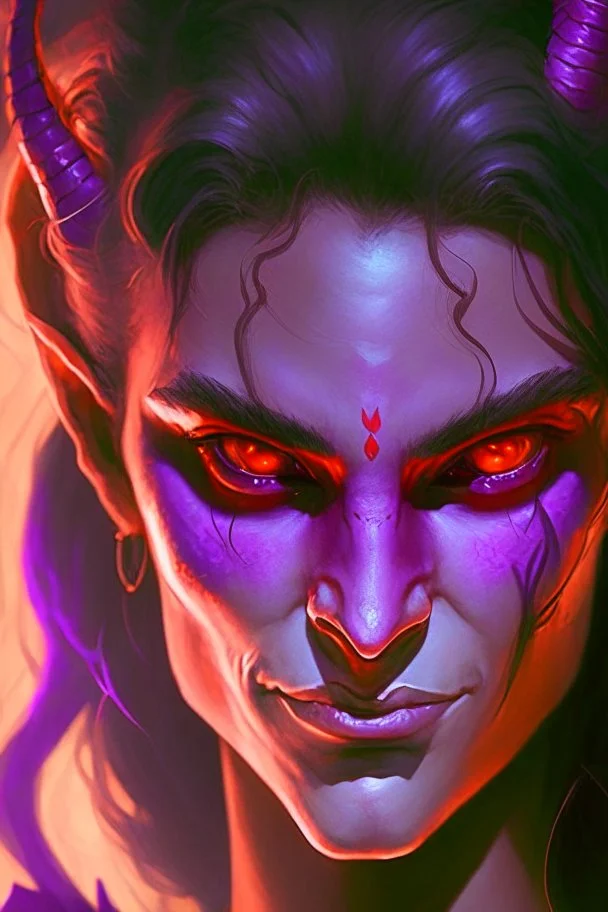 purple skin, glowing fiery eyes, smirk