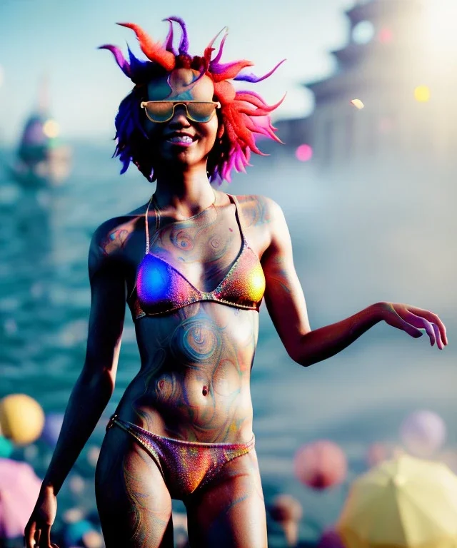 Ultra Realistic photo, medium shot view, drunken dancer bikini, carnival scene, monster hair, steampunk. Red hair, confeti, Sunglasses, smile, happy, festival, ovnis, gradient color fog. highly detailed, concept art, unreal engine 5, ray tracing, RTX, lumen lighting, ultra detail, volumetric lighting, 3d, finely drawn, high definition, high resolution.