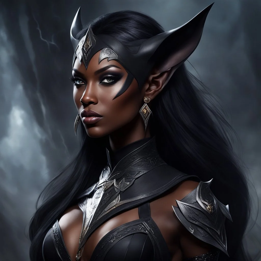 Behold, the obsidian huntress! Her beauty is as captivating as a storm cloud, with dark skin that gleams like polished ebony under the flickering torchlight. Pointed elven ears, reminiscent of a Castlevania vampiress, frame a face as striking as a panther's. A smile, both alluring and predatory, bares sharp fangs that glint with an unnatural sheen. Her eyes, the color of smoldering embers, seem to hold the secrets of forgotten battlefields.