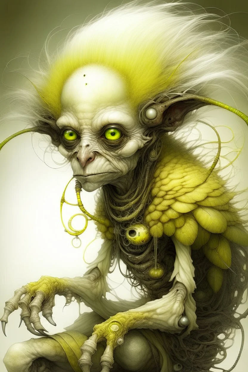 Artist Jean-Baptiste Monge style. A mechanical humanoid pale yellow filament-creature. White furry liquid tendrils. White eyes.