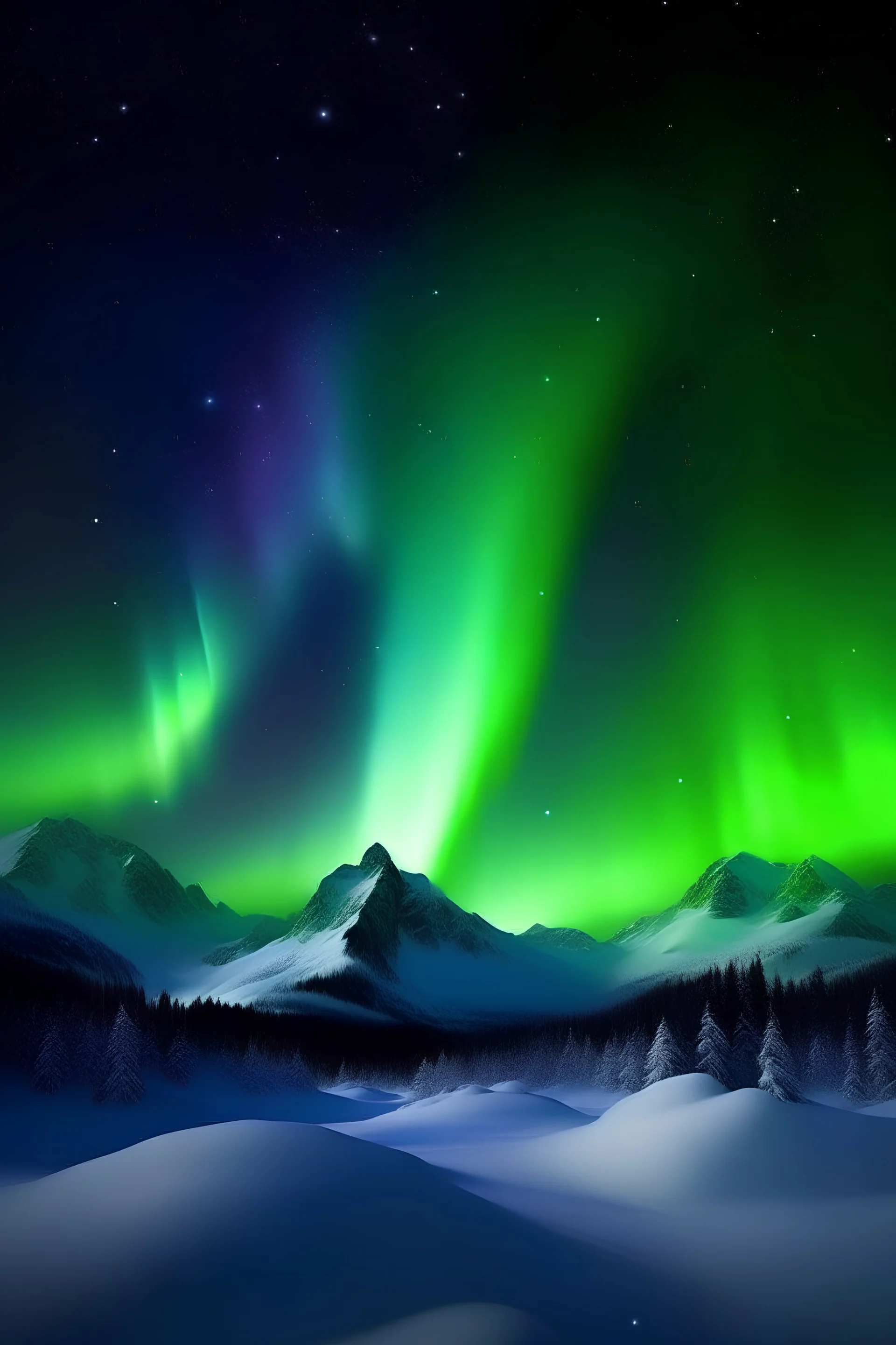 Ethereal aurora borealis over a snowy mountain range, with a full moon shining in the background, mystical, peaceful, serene, winter landscape, high detail..