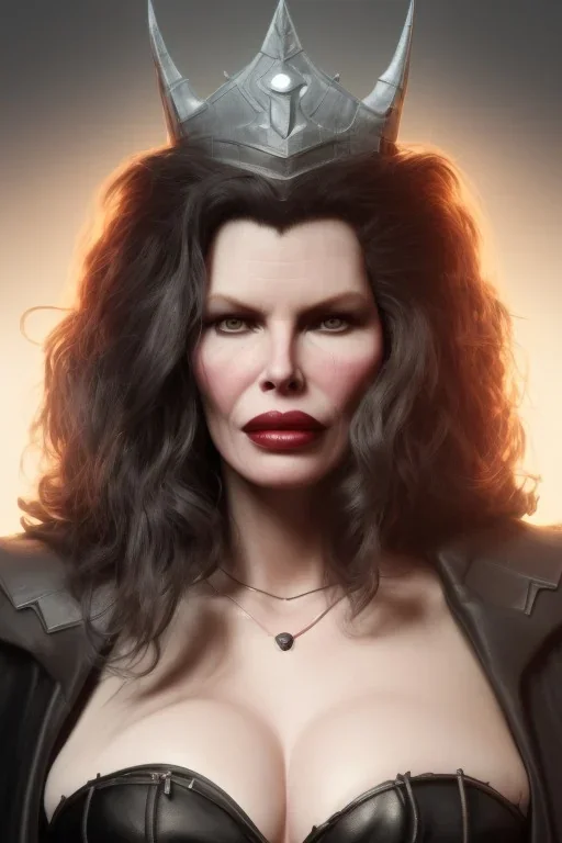 Kim Basinger as evil queen in black leather, busty, cleavage, curvy, angry, stern look. character design by cory loftis, fenghua zhong, ryohei hase, ismail inceoglu and ruan jia. unreal engine 5, artistic lighting, highly detailed, photorealistic, fantasy