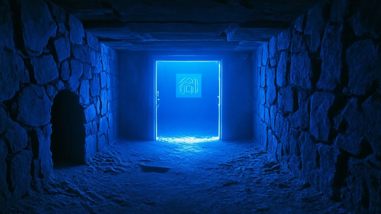 A small room surrounded by cold, damp stone walls. There are no visible doors, but a faint blue light emanates from a crack in the floor, illuminating strange symbols carved into the walls.