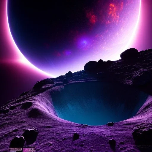 Alien jumoship over a crater, purple sky