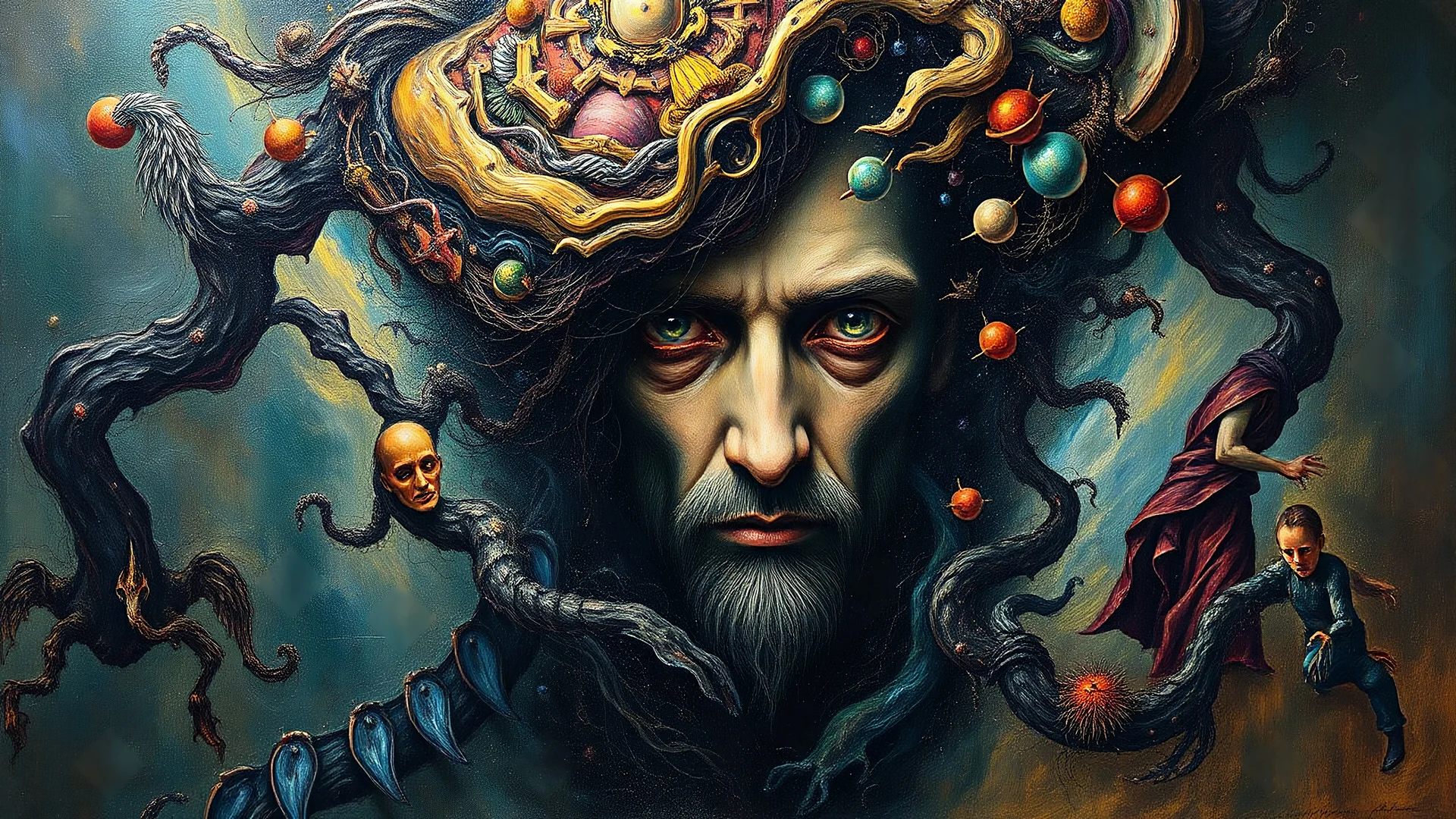 Within the surreal scene, a mesmerizing tapestry of inception unfolds: a painting within a painting. At the forefront, an intricate portrait of a mysterious figure draws the eye, its depths revealing a hidden world beyond. The masterful oil painting, rich in vivid hues and fine brushwork, exudes an aura of enigmatic beauty. Each brushstroke tells a story, inviting viewers to lose themselves in the captivating layers of artistry.