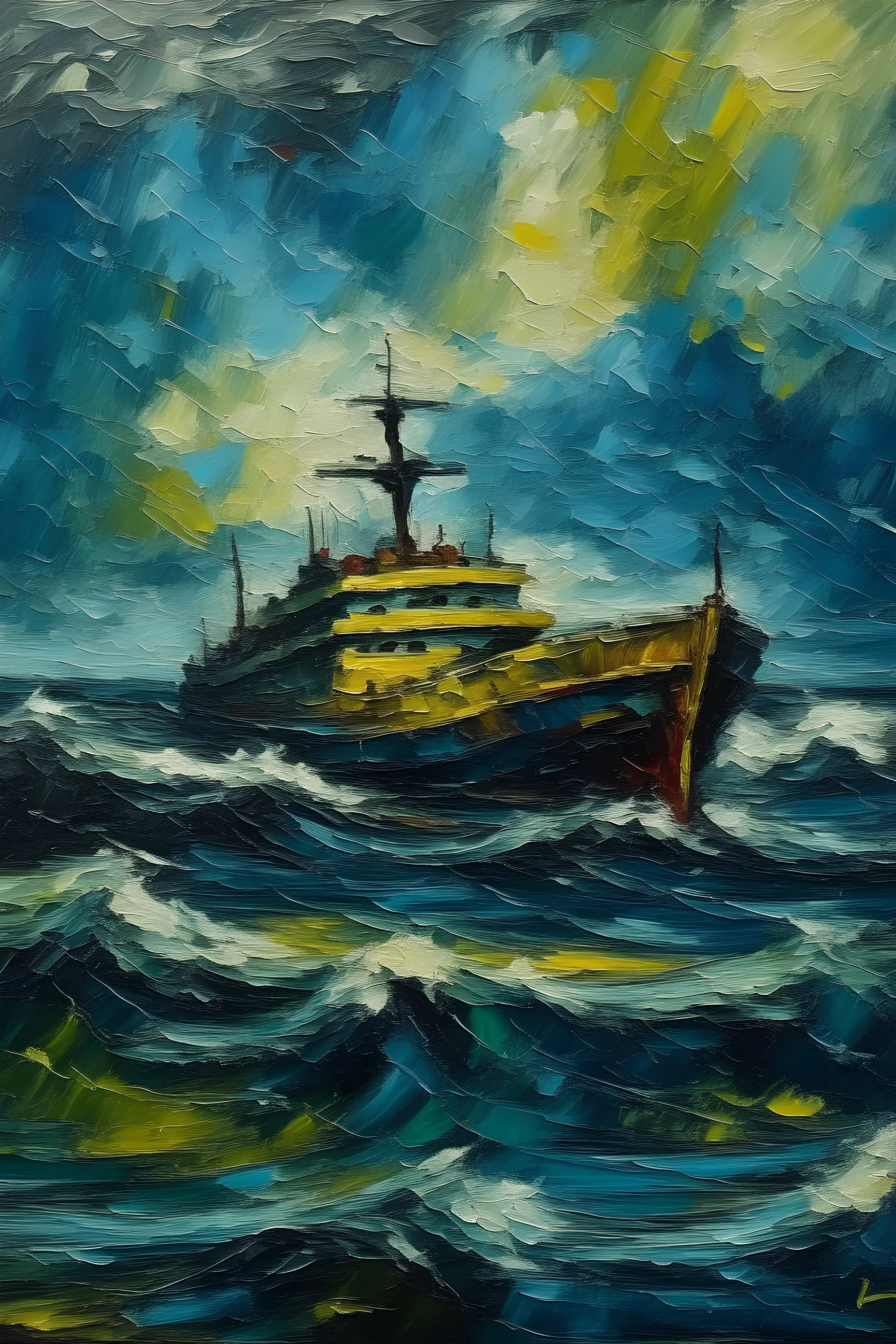 Oil painting in van gogh style, of a container ship in rough weather