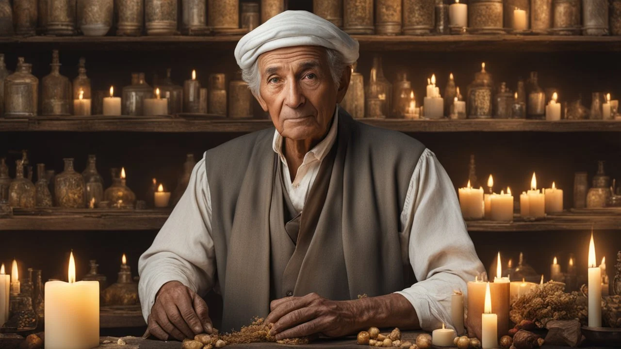 elderly male market trader selling many different types of candle, showing his head and upper body, perfect eyes, perfect anatomy, exquisite composition, beautiful detailed intricate detailed octane render, 8k artistic photography, photorealistic, soft natural volumetric cinematic perfect light, chiaroscuro, award-winning photograph, masterpiece, raphael, caravaggio, bouguereau