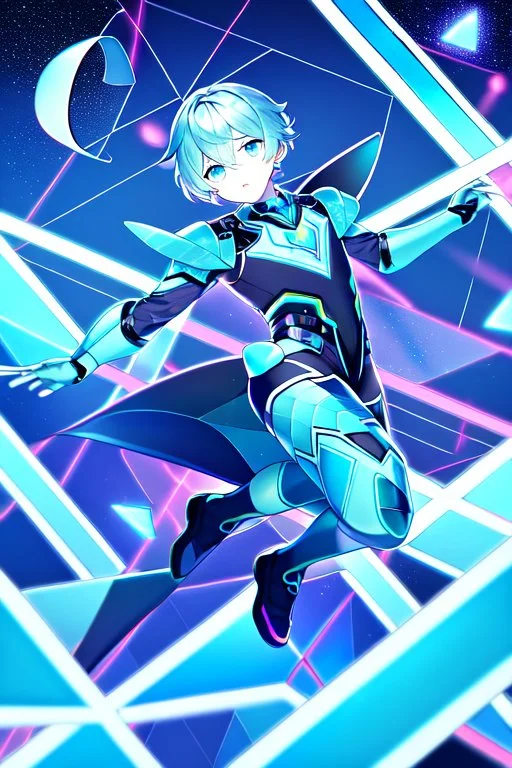 neon blue, flying parts of armor in form of triangles, cyber armor, geometric patterns on armor, male, orbiting triangle