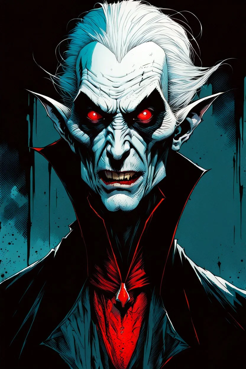 create a highly ethereal, darkly magical full body portrait illustration of a ragged malevolent Nosferatu female vampire , with highly detailed and deeply cut facial features, in the comic art style of FRANK MILLER and BILL SIENKIEWICZ, searing lines and forceful strokes, precisely drawn, boldly inked, with vibrant colors