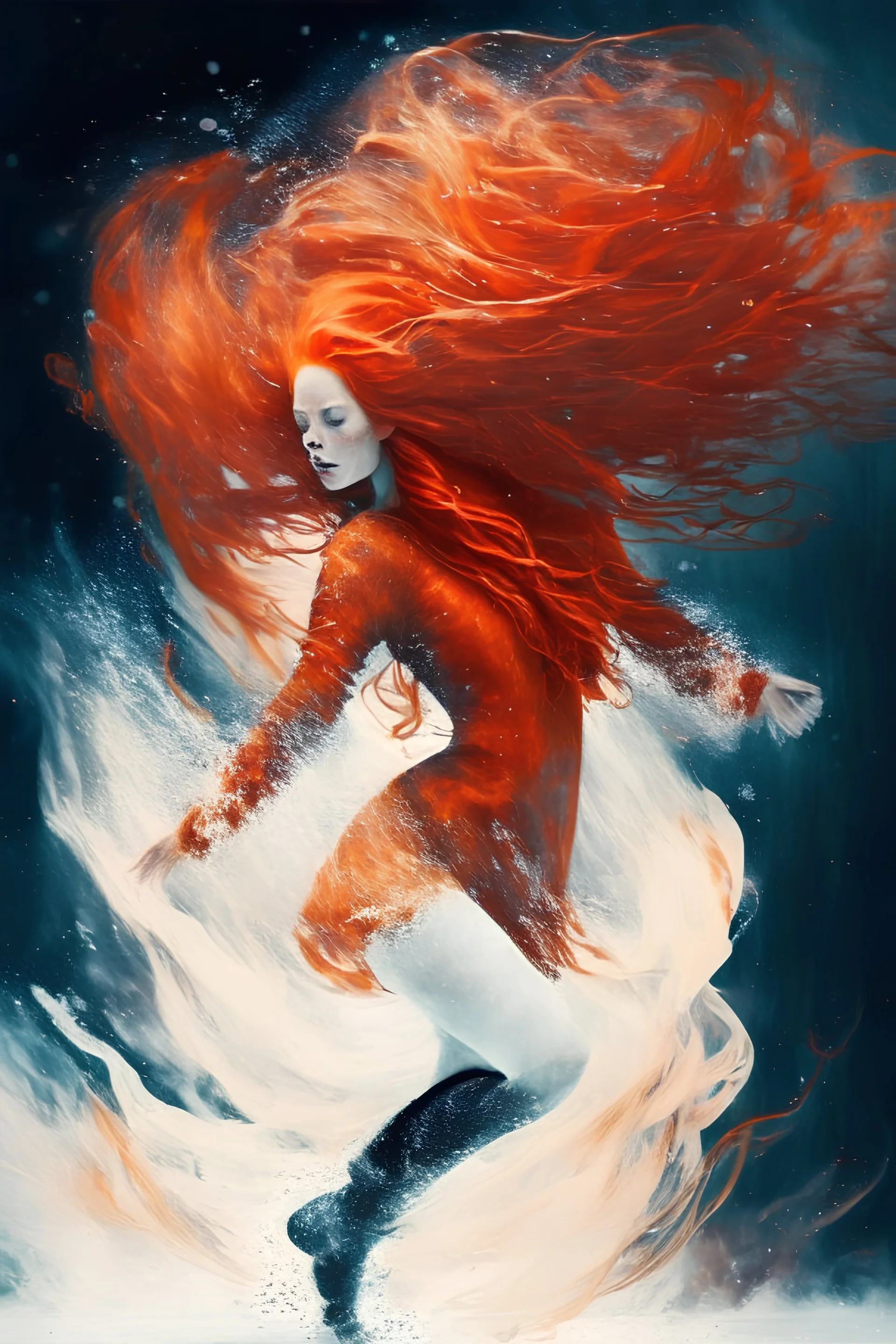 figure skater on ice with fiery red long hair