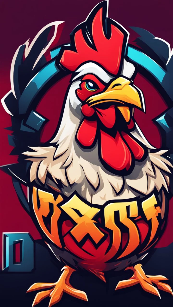 Create a bold and vibrant gaming logo featuring a chicken, with a dynamic composition, bright colors, and dynamic lighting