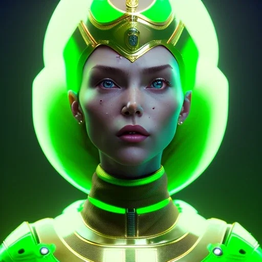 woman, irish, green, heavily made up face, round helmet, decorative color feathers, retro futuristic, latex coat, soft color, highly detailed, art stations, concept art, smooth, unreal engine 5, god rays, ray tracing, RTX, lumen lighting, ultra detail, volumetric lighting, 3d, finely drawn, high definition, high resolution.