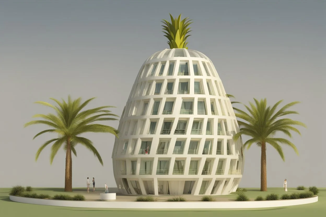 A tourist resort in the shape of a pineapple, interior design, facade, section, 3D