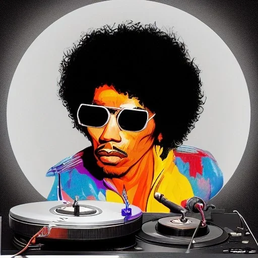 a realistic portrait of Jimi Hendrix at a turntable with headphones on being a DJ, vivid color, with sunglasses