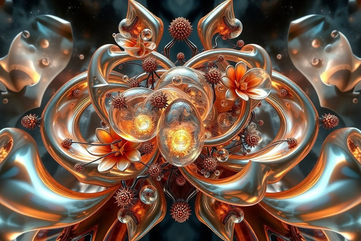 Dynamic complex hypnotic fractal 3D structures Symmetry twisting and morphing between cifi plants ,flowers and metal 3d geometric forms , smooth translucent iridescent glass with inner glow and bubbles, varied transparent materials, stormy skies, intense dramatic