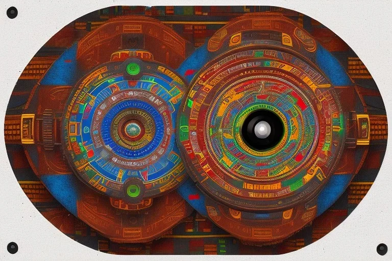 futuristic pinhole camera in Kente, rusted clocks eyes, cinematic, scaffolding, ghana flag, african pattern symbols, black star, engraved, 8k quality