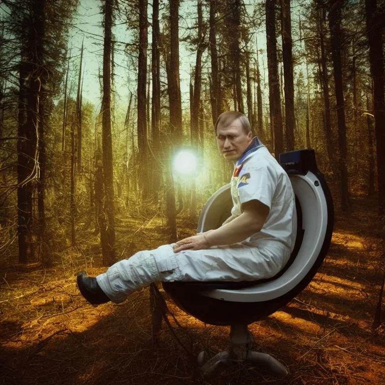 russian astronaut sits on a toilet seat in the middle of the forest. post-apocalyptic, hyperdetailed, lens flare, bokeh, low-key lighting, kodachrome