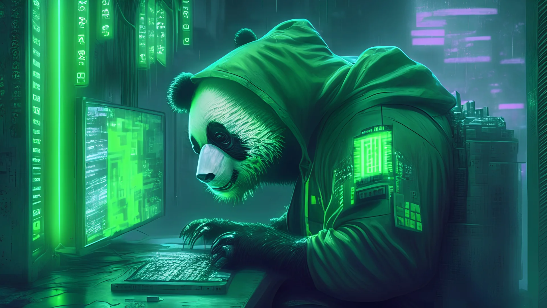 realistic Panda Hacker using a server computer green light in cyberpunk scenario green lights without glasses in the top of building