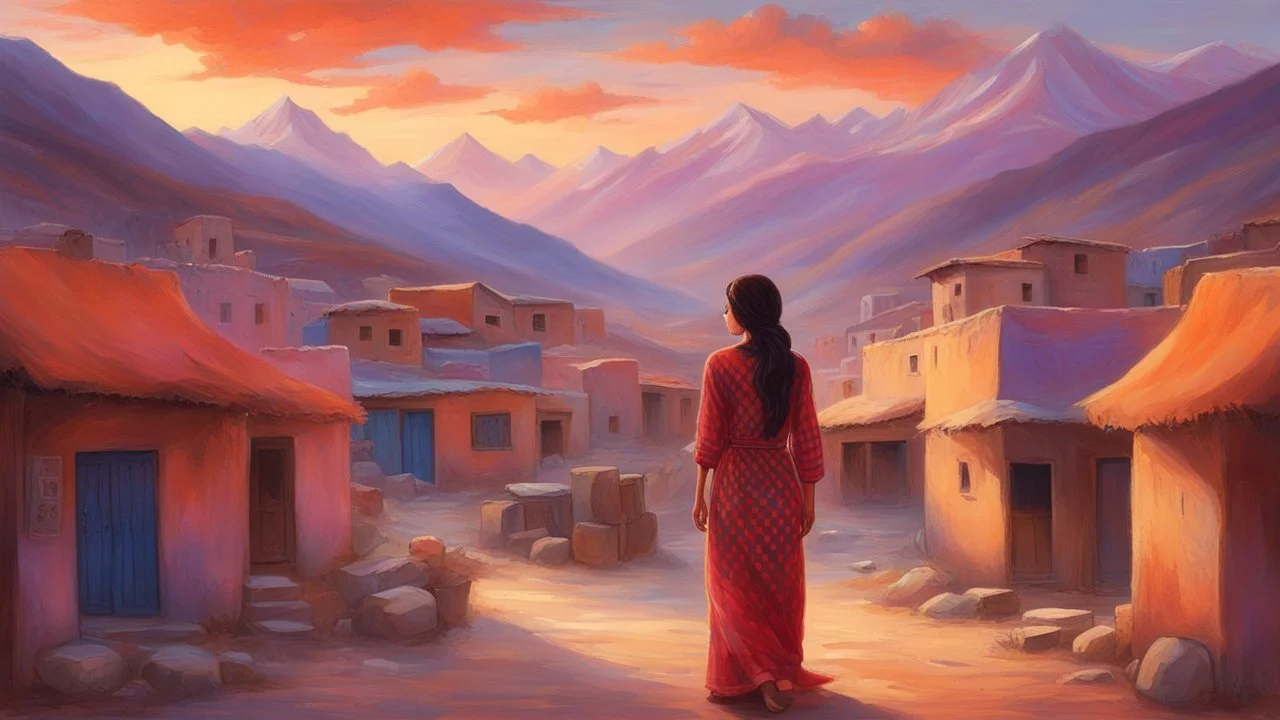 The image should depict a serene evening scene of a traditional Pakistani village at sunset, featuring a young woman adorned in a vibrant red and blue checkered dress, surrounded by rustic houses and breathtaking mountain landscapes, bathed in soft golden light and dramatic hues of orange, pink, and purple.