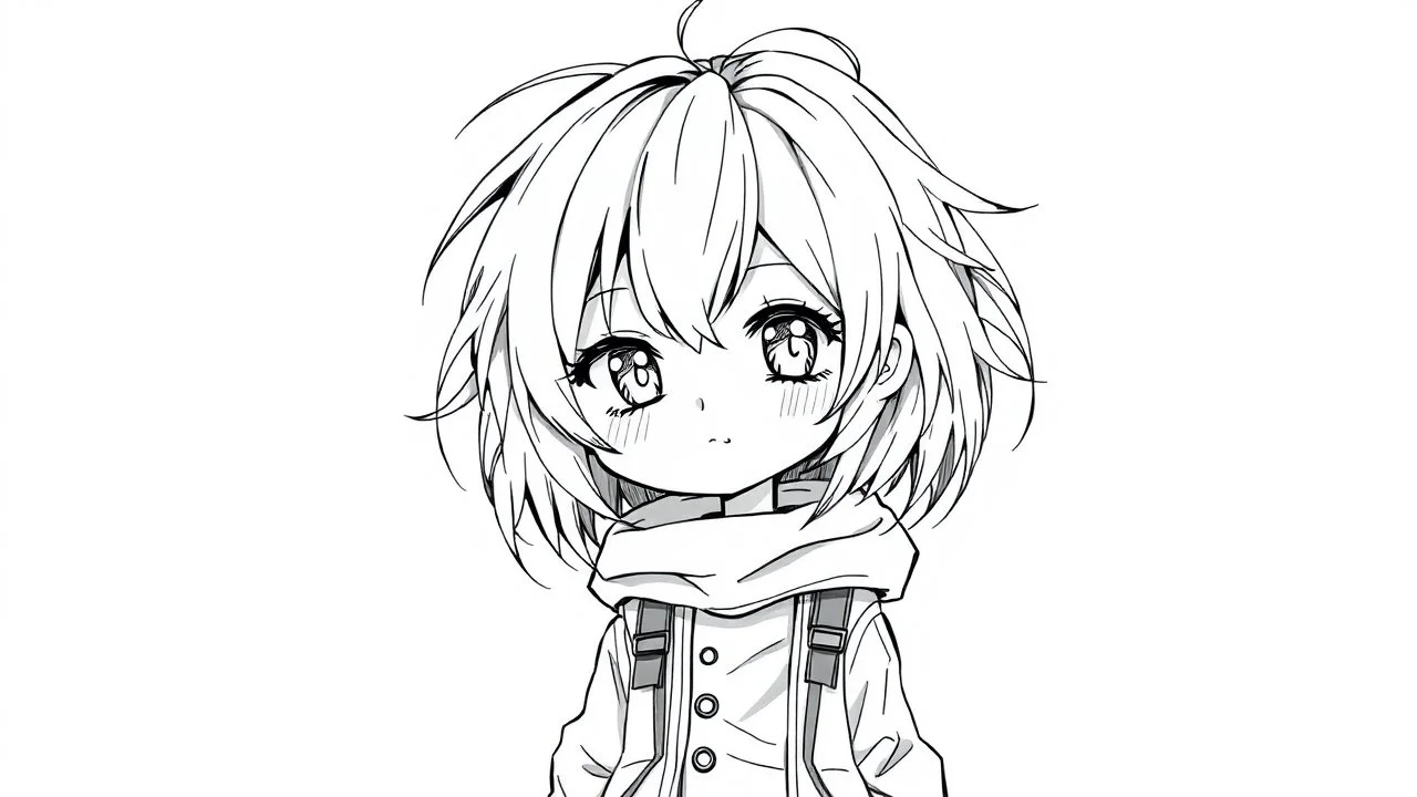 detailed manual graphic art style, cute mood, anime, detailed chibi face, modern-fantasy clothes, messy hair dreamline background, childbook style, detailed linework, highly detailed drawing, modern vibe, artwork, grayscale, no photorealism