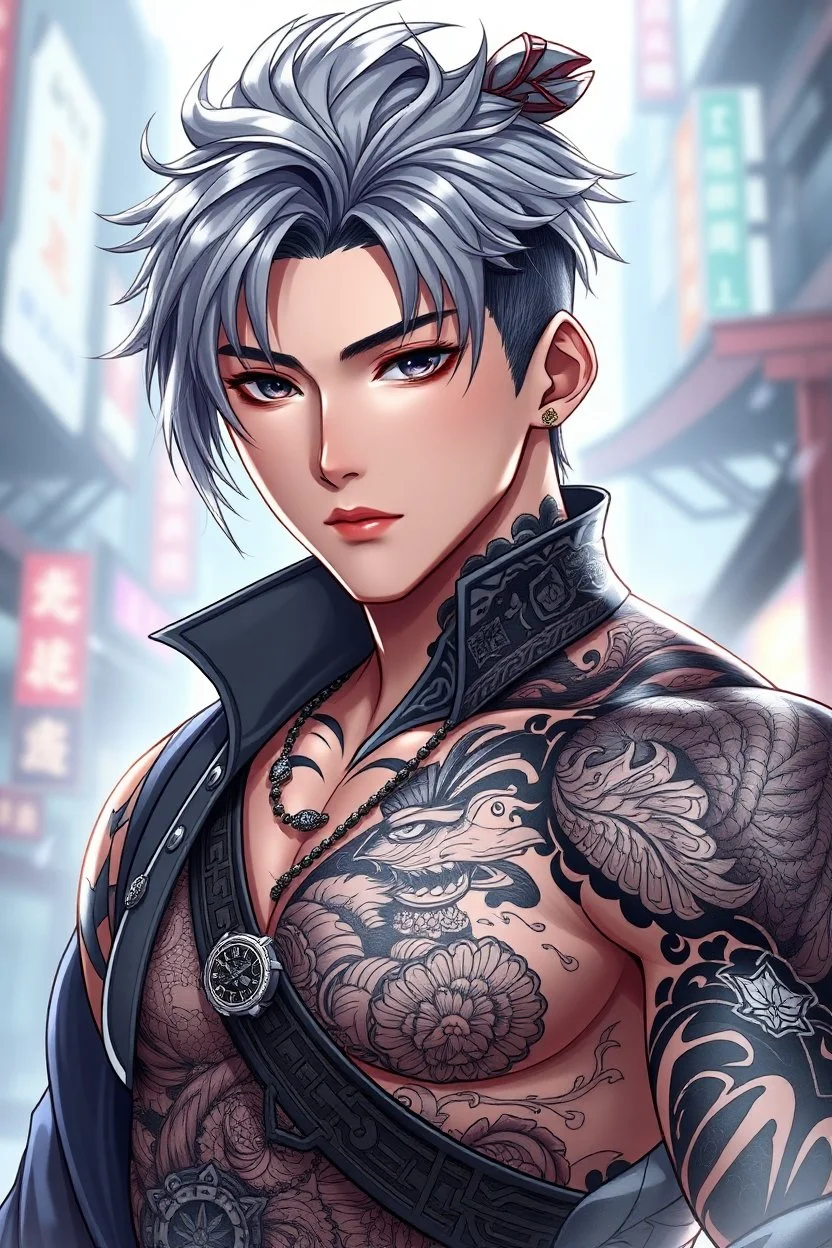 3d detailed anime attraktive young korean male character with elaborate detailed warrior tattooed . some ring jewelry, dark silver hair, dark korean eyes, young korean man with attractive masculine face, shados, pale light, cyber urban background