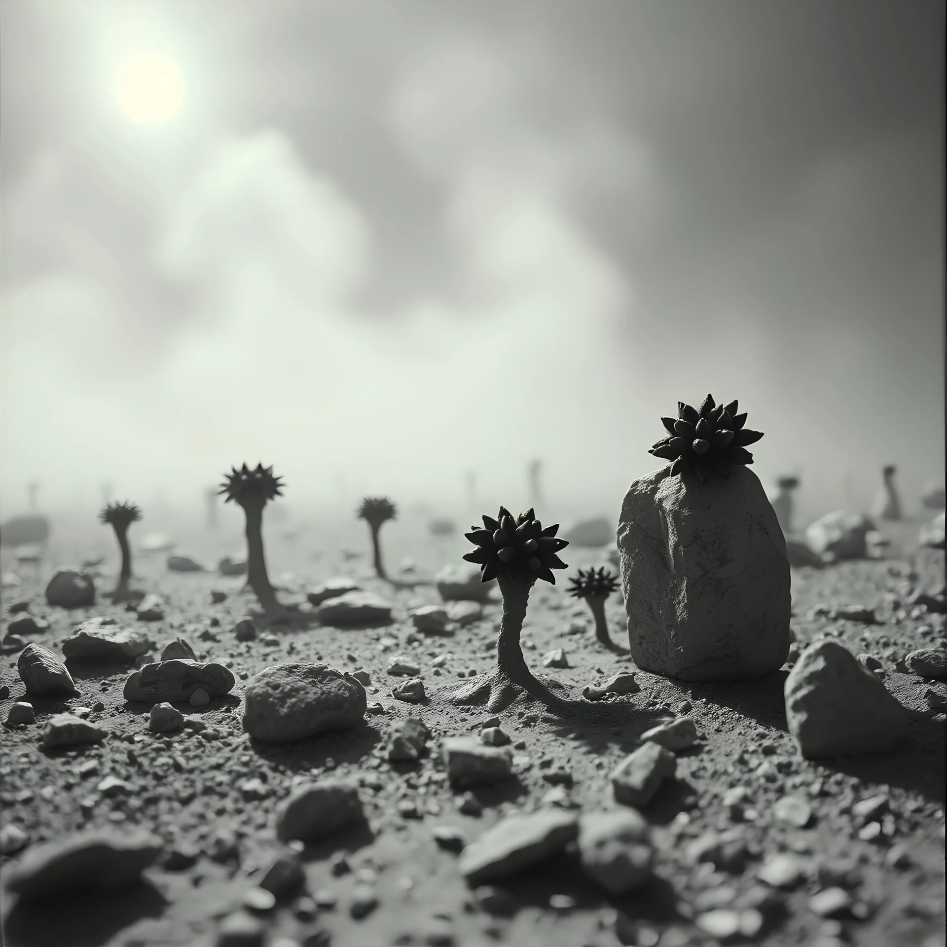 A striking quality close-up Ilford photograph captures a wasteland with odd stones, odd spindle-shaped objects, spooky, creepy, details of the dust very accentuated, glossy, organic, adorned with minerals and rocks, fog. Bathed in feeble light, eerie, Max Ernst style, black sun, fog, volumetric light, octane render, flower