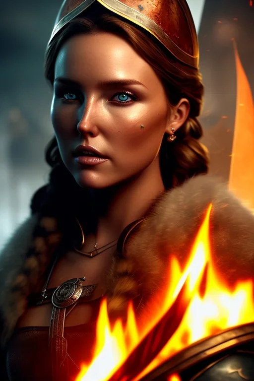 Camilla Luddington viking, textura 8k, muitos detalhes, fogo, particulas, névoa, fumaça,