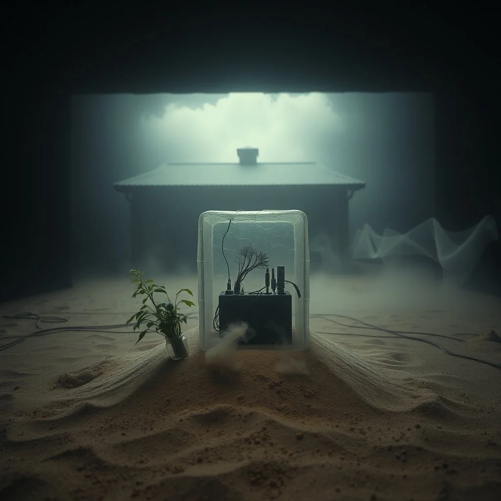 A photo of a closed environment in a dark closed space. In the background there is a bulding. At the center, a structure made of plastic. Some electronical devices. Plants, clouds. The surface below appears to be sandy, with small accumulations of sand. Fog, powder. In the background, other forms or structures are visible, some of which are thin and transparent. The photo was taken with a Hasselblad H6D 400c camera.