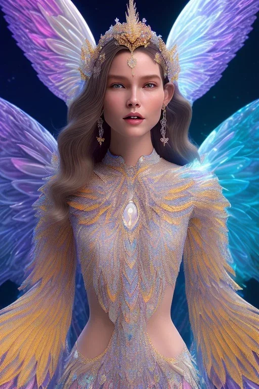 A portrait of a crystalline woman smiling, with wings, mythical,fantasy , magnificent, majestic, very happy, highly intricate, Realistic photography, incredibly detailed, ultra high resolution, 8k, complex 3d render, cinema 4d