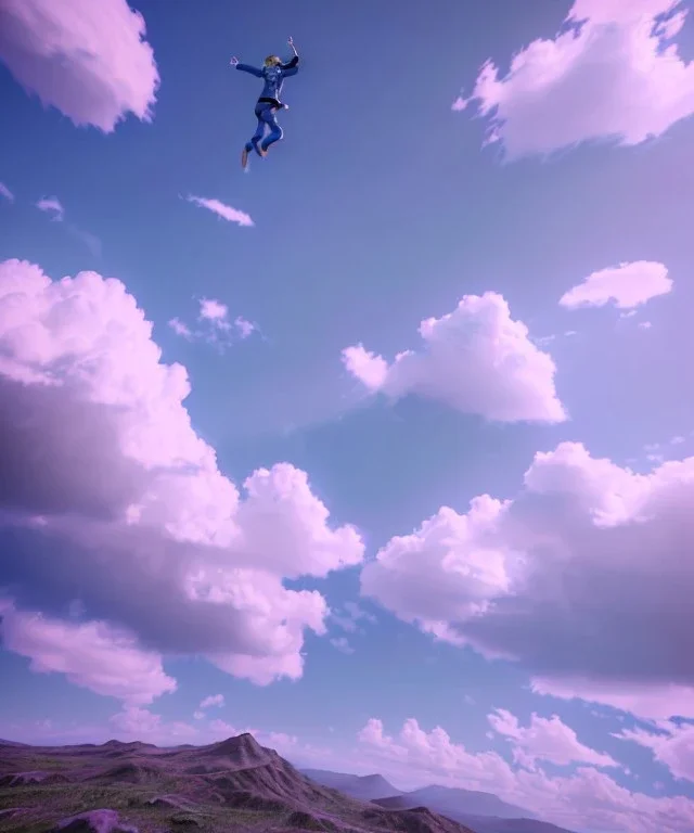 Ultra realistic clouds sky scene, medium shot view, portrait, Childs free jumping flying with trinkets, smile, happy, Wes Anderson style, inflatable color clothing, extreme, wind, clouds sea, 20,000 feet altitude, stratosphere, soft color, highly detailed, unreal engine 5, ray tracing, RTX, lumen lighting, ultra detail, volumetric lighting, 3d, finely drawn, high definition, high resolution.