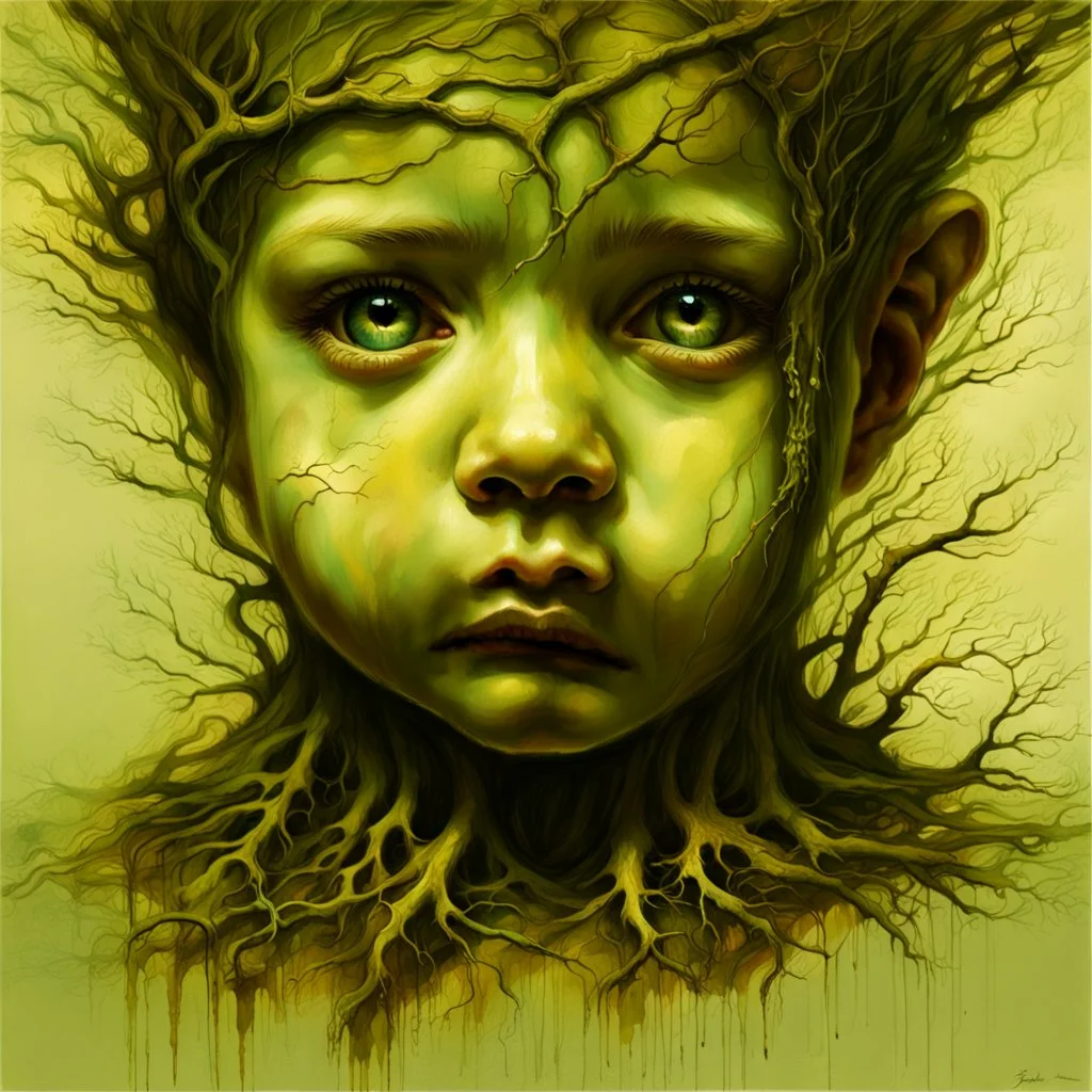 The Face of Childhood Trauma Taking Root, by Peju Alatise & carne griffiths & Zdzisław Beksiński, full head & neck depicted, clean, clear accurate facial features, symmetrical eyes,deftly depicted with incredible expressiveness & depth, visibly furrowed brow, distinct tree roots & branches Modifiers: sharp focus realistic elegant fantasy Zdzisław Beksiński no text insanely detailed Surrealism Tom Bagshaw Engraving accurate and proportional human anatomy reflective lighting symmetrical eyes Ver