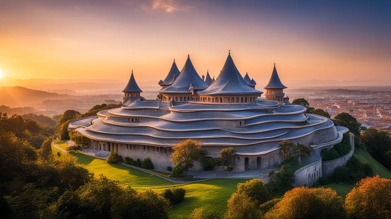 8001, delightful, sensitive, confident, undulating sinusoidal castle with hyperbolic roofs, delicate, sunrise, architecture, award-winning photograph, beautiful composition, filled with beautiful detail, delicate colour, chiaroscuro