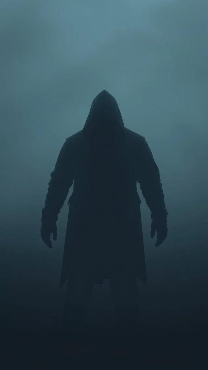 no back ground, The shadow of a hooded fallen man can be seen in the fog