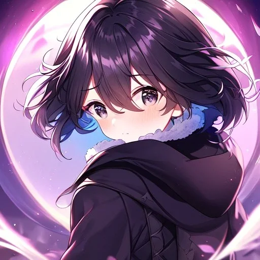 floating in air, backflip,{{anime}}, detailed beautiful short hair,{{fluffy hair}}, delicate and intricate hair, black loose raincoat with hood, purple and black eyes, blush, beautiful detailed eyes, {beautiful face}, cinematic light,{masterpiece}, beauiful illustration, offical art, upanime