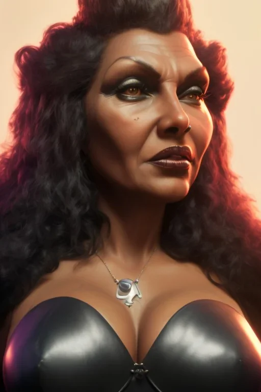 Pam Grier as evil queen in black leather, leather, busty, cleavage, angry, stern look. character design by cory loftis, fenghua zhong, ryohei hase, ismail inceoglu and ruan jia. unreal engine 5, artistic lighting, highly detailed, photorealistic, fantasy