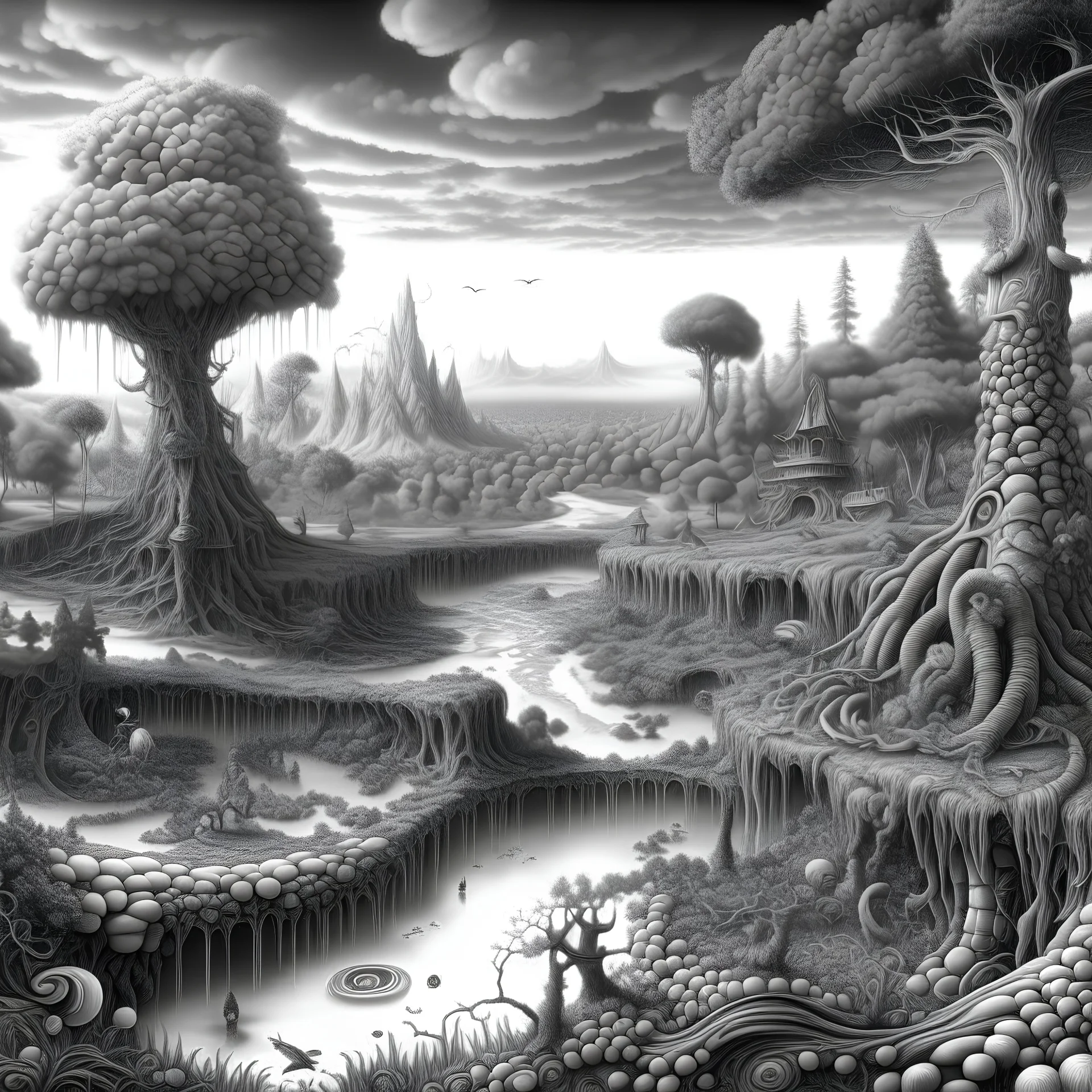 Magic surreal landscape highly intricate hyper-realistic mixed media ink oil painting by Ismail Junji Ito, Hieronymus Bosch, Colin McCahon and Kandinsky, precisionism, ambient occlusion, a masterpiece, 3d liquid detailing, subsurface scattering, octane render, VRay, 16k, matte background,