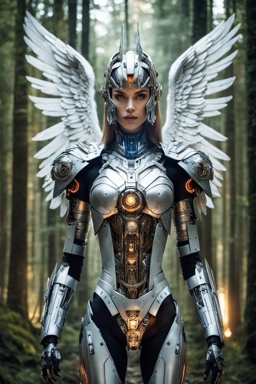 Full body Gorgeous photography super model Russian as Angel Cyborg Robotic Beautiful and sexy woman dressing Biomechanical Symmetry Facing front portrait of Horus, sci-fi armour, tech wear, glowing colors lights sci-fi, intricate, elegant, highly detailed, digital photograph, walking wonderland forests