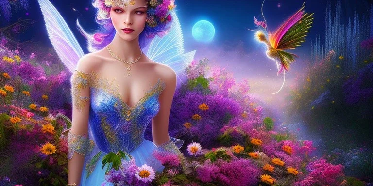 bright fairy, beautiful portrait, flowery landscape