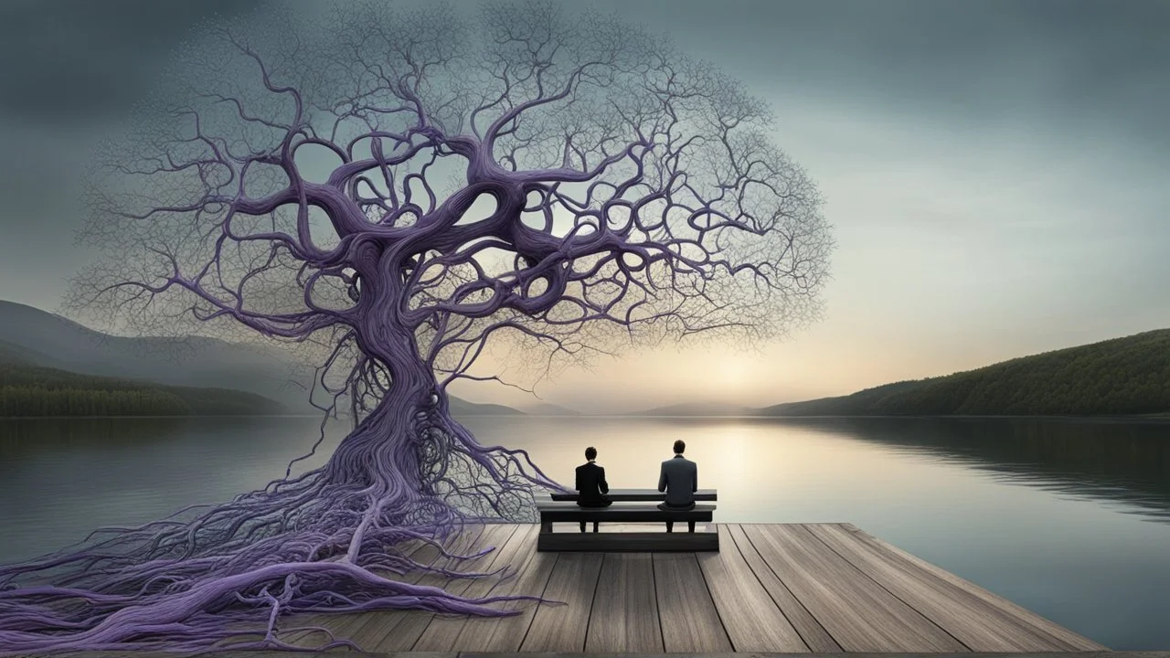 back to the camera a figure sittings on amorph bench in a beautiful landscape and overlooking the water of the nearby lake, calm, harmonious atmosphere, muted dark colors, purple, white, gray, green, blue, brown, silver, black , ,not too colorful colors, Whimsical style and giant stunning neuron network all over the sky, half shadow and half light picture, surreal stunning vibe