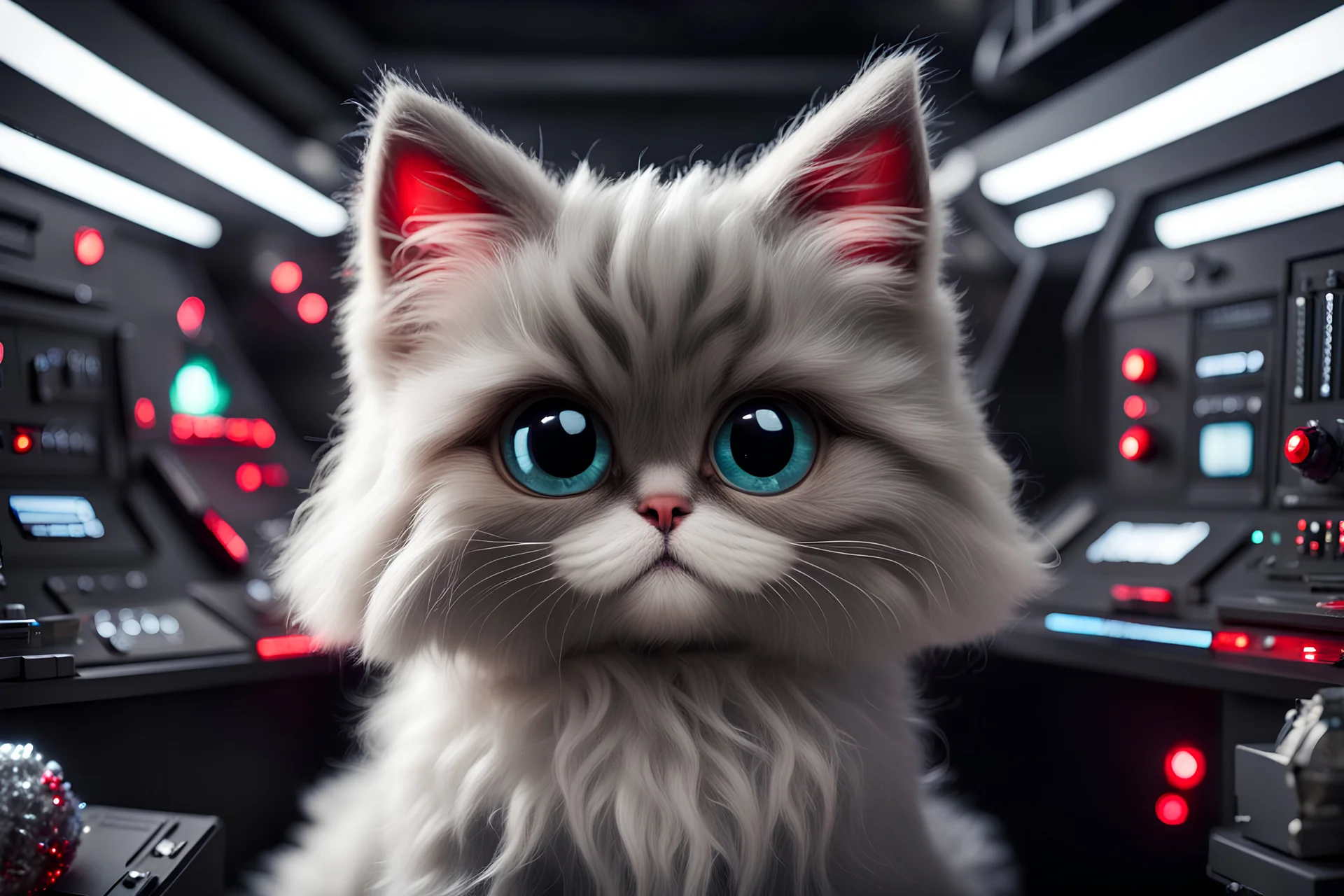 fluffy big eyed kitty sith lord in the death star command centre, and detailed Christmas tree, trimmings, gifts, toys, cinematic eye view