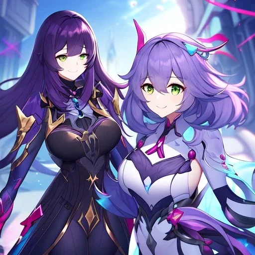 Clear focus,High resolution,High quality, Smiling, Purple long fluffy hair, Green eyes, Wearing a pink mech uniform, Honkai Impact Star Rail