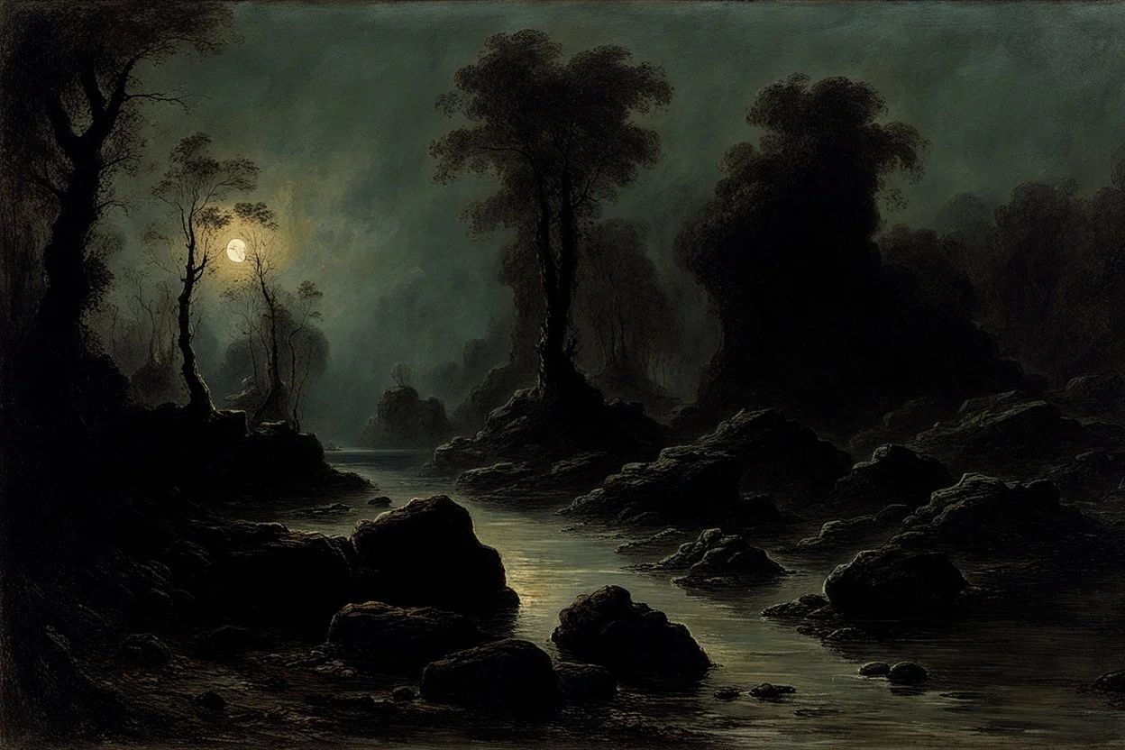 Night, rocks, trees, begginer's landscape, horror gothic movies influence, friedrich eckenfelder and willem maris impressionism paintings