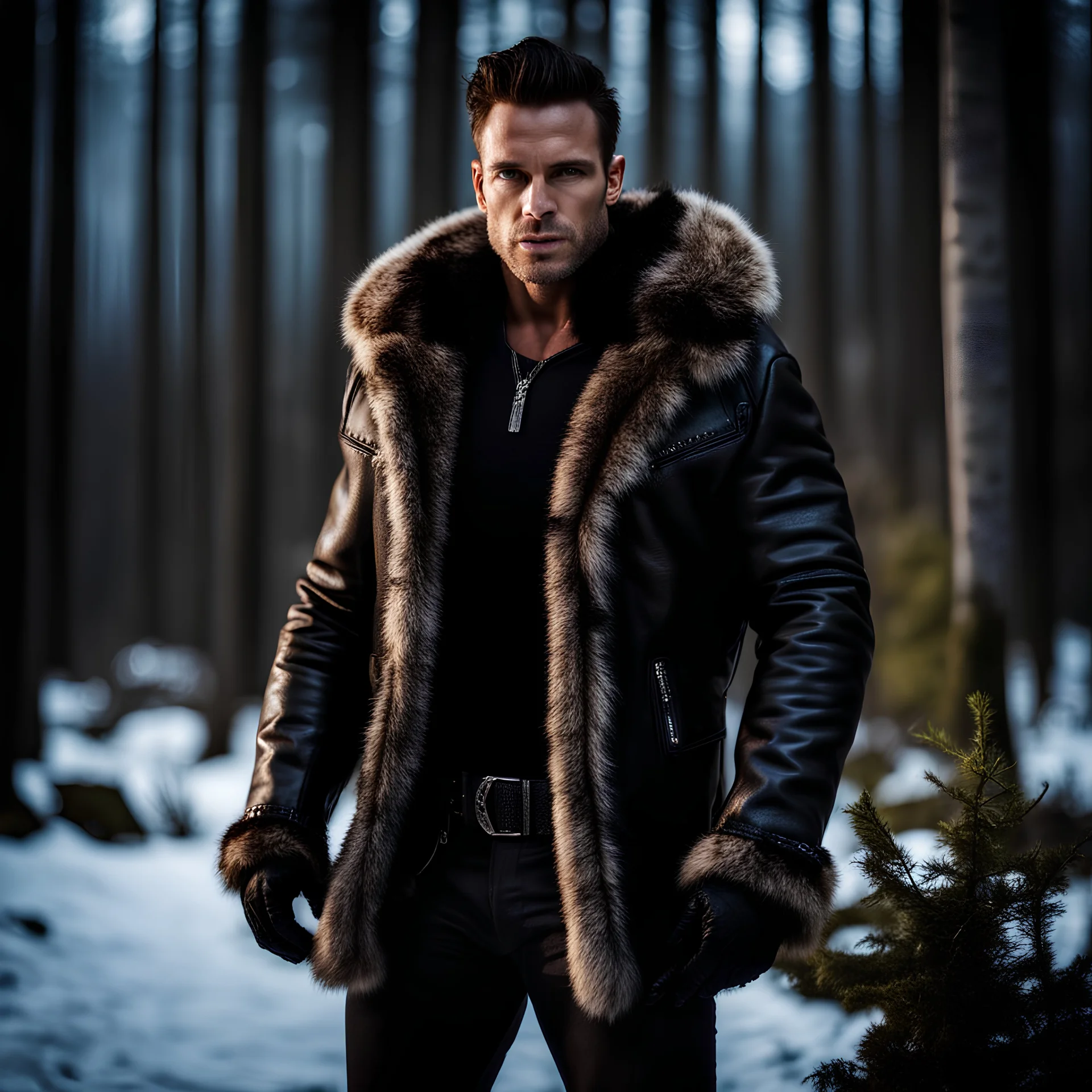 Handsome and muscular 30 year old mountain man wearing furry leather jacket, dark fantasy, snowy forest