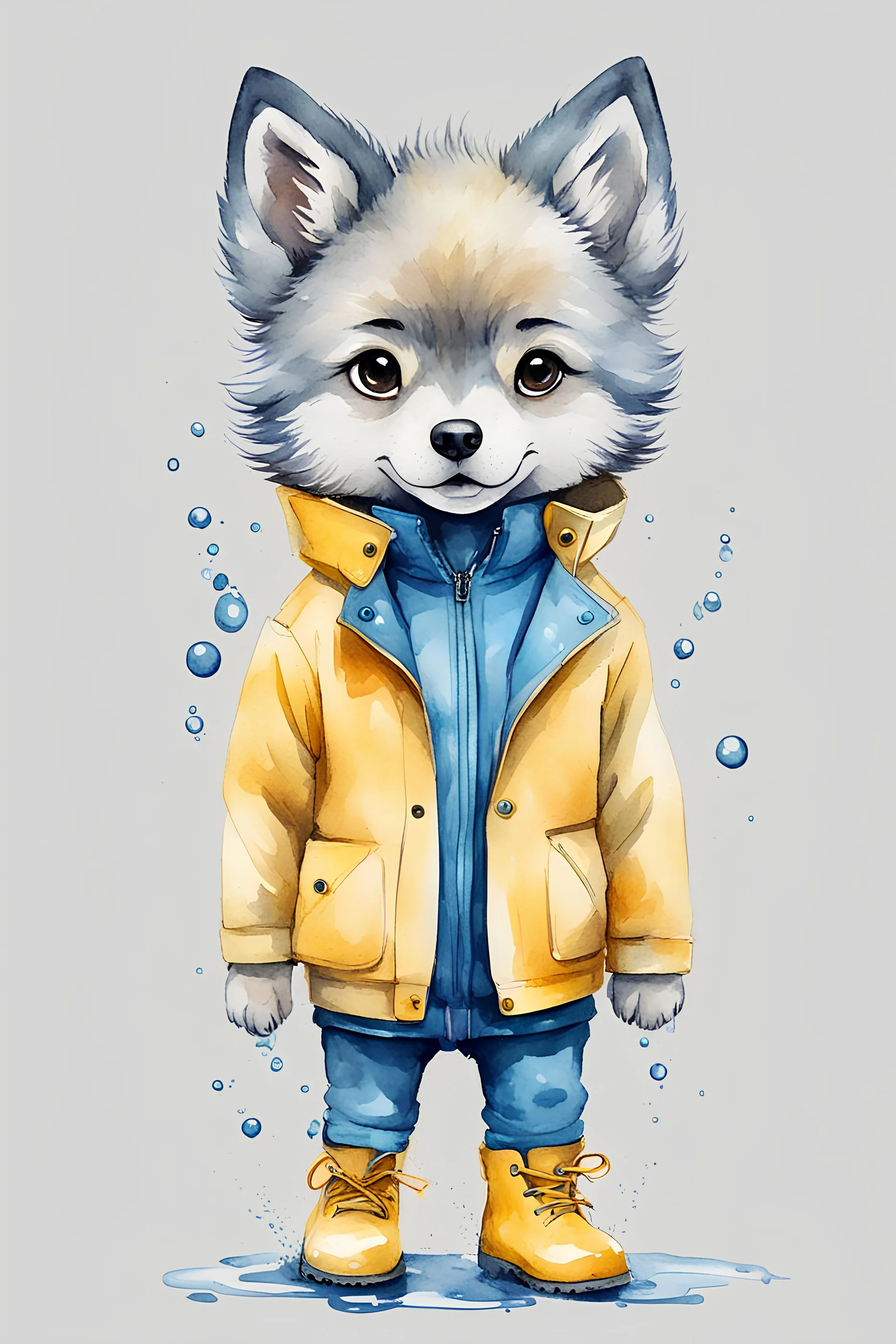 A really cute small wolf baby with waterproof yellow jacket and water blue boots, watercolor style, simple drawing
