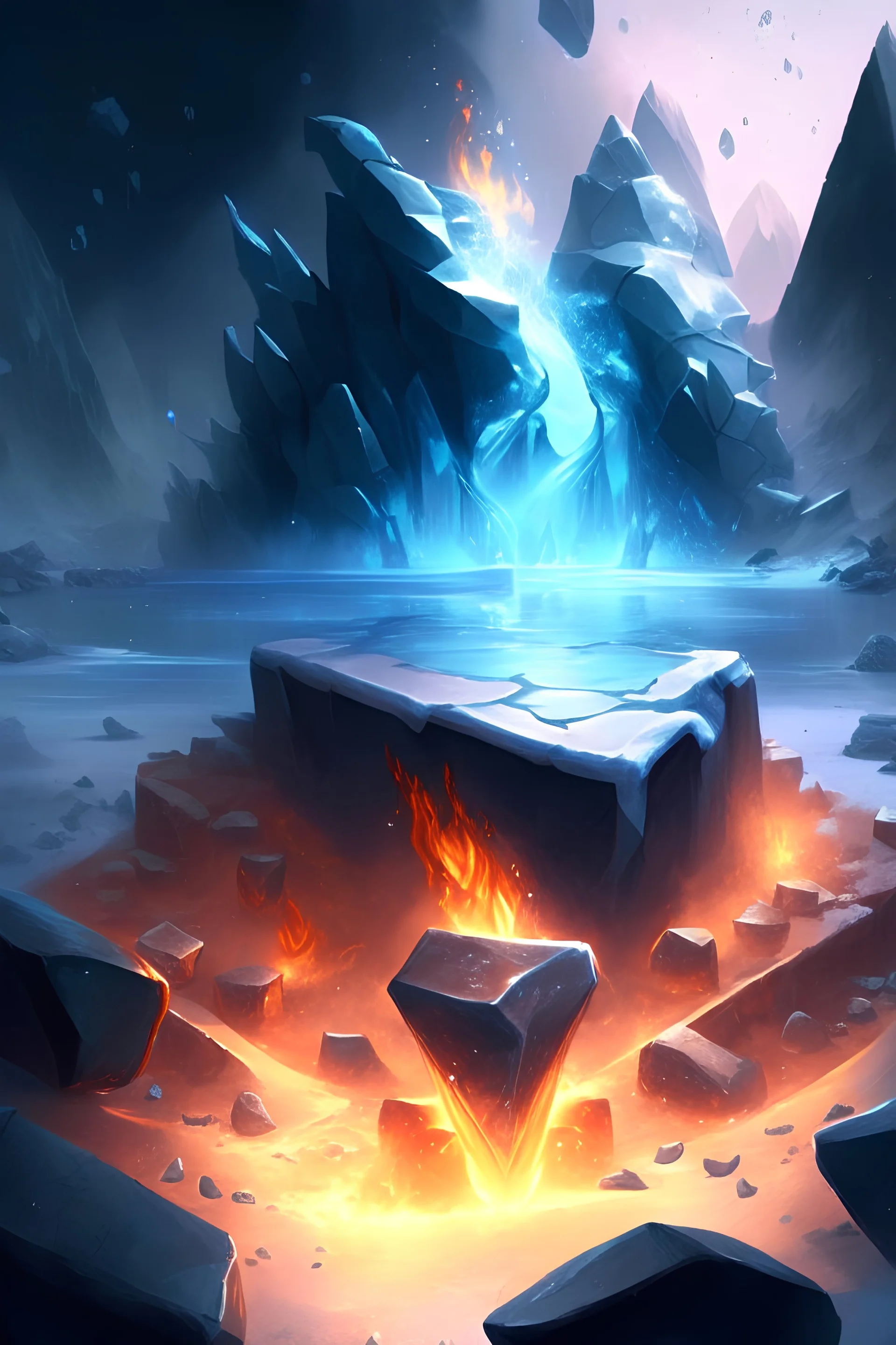 Make me an image of a magic arena with ice, fire, rocks elements