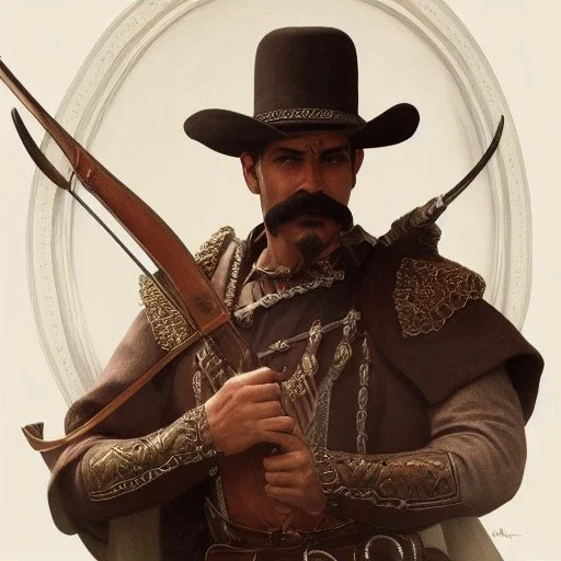 portrait,"Insanely detailed photograph of a male western mustachioed crossbowman", detailed charro, sequenced Sombrero, detailed held dagger, digital painting, artstation, concept art, sharp focus, illustration, art by artgerm and greg rutkowski and alphonse mucha, 8 k,fantasy, unreal engine