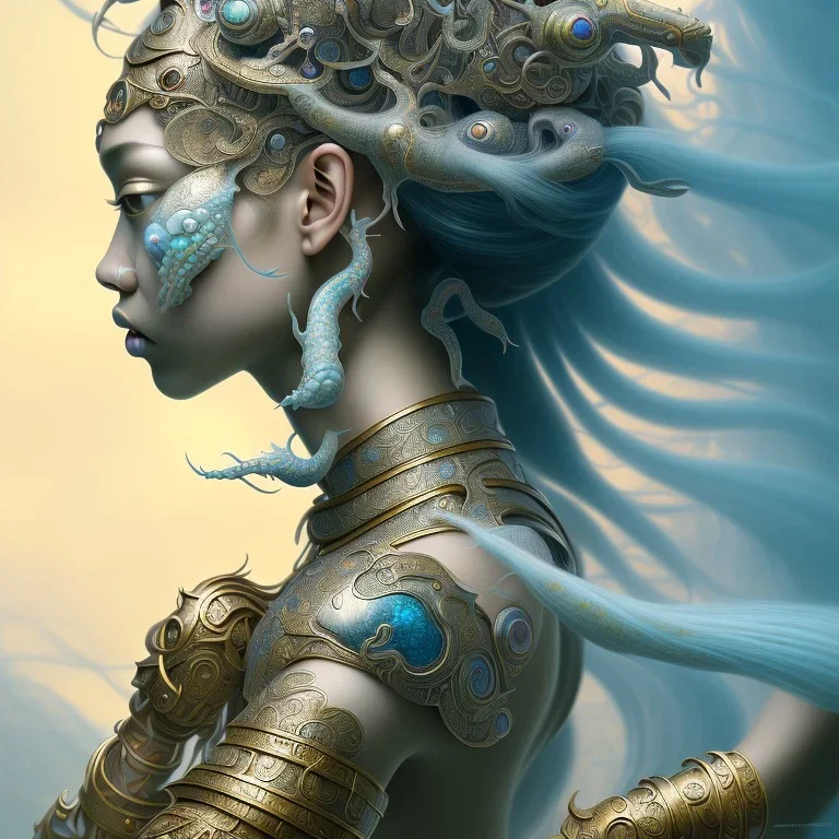 Sango fantasy, fantasy magic, intricate, sharp focus, illustration, highly detailed, digital painting, concept art, matte, art germ and Paul Lewin and Kehinde Wiley, masterpiece Japanese dancer head bronze squid' Asian African girl nice breast Thai hair turquoise silver blue under water