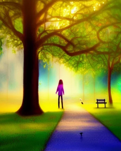 park mystical dream, park bench, man, woman, child, dog, trees, path, bird, sunshine, mystical, fantasy, romanticism, pastel colors, daylight, daytime, acrylic painting, detailed, soft focus,