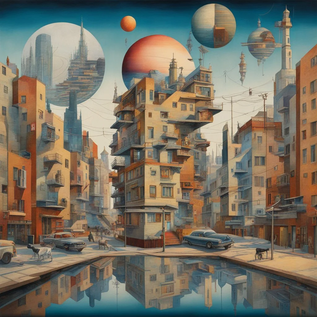 Eclectic Surrealist Fusion, stylish, double exposure, Kandinsky, Yerka, interrupted city